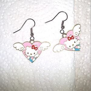 Hello Kitty Angel Heart Dangle Earrings Enamel Stainless Steel Earwires NEW NWT